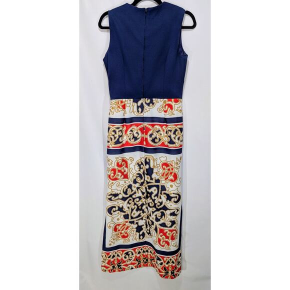 Vintage Personal by Leslie Fay Navy Baroque Print Sheath Maxi Dress (Approx M) - Picture 4 of 7
